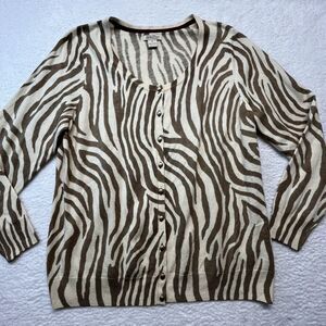 Lucky Brand Sweater Womens 2X Plus Tan Zebra Stripe Wool Blend Cardigan Preppy